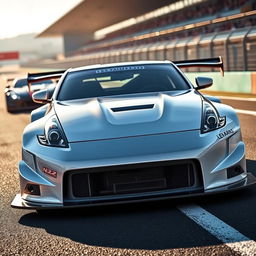 A striking Nissan 350Z in a sleek, glossy white finish, designed to embody the essence of a Le Mans race car