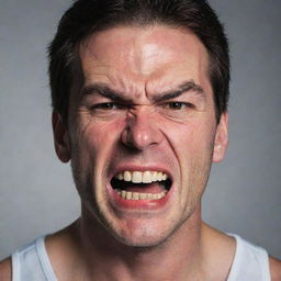 A man displaying a powerful expression of anger, his face red, brows furrowed, and teeth gritted.