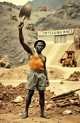 An intense scene depicting a black miner in 1949 attire, wearing shorts and a singlet, with a helmet on his head, raising a shovel defiantly in the air