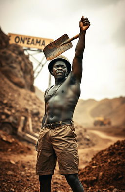 An intense scene depicting a black miner in 1949 attire, wearing shorts and a singlet, with a helmet on his head, raising a shovel defiantly in the air