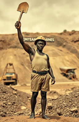 An intense scene depicting a black miner in 1949 attire, wearing shorts and a singlet, with a helmet on his head, raising a shovel defiantly in the air
