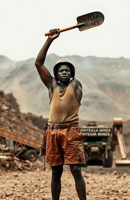 An intense scene depicting a black miner in 1949 attire, wearing shorts and a singlet, with a helmet on his head, raising a shovel defiantly in the air