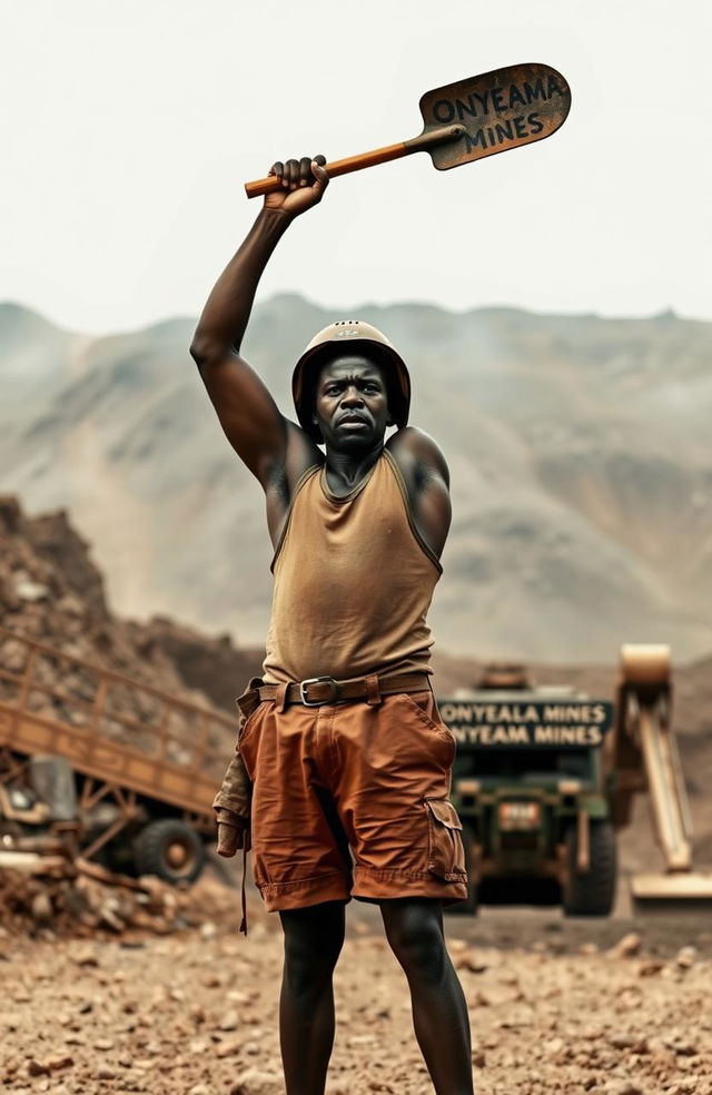 An intense scene depicting a black miner in 1949 attire, wearing shorts and a singlet, with a helmet on his head, raising a shovel defiantly in the air