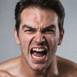 A man displaying a powerful expression of anger, his face red, brows furrowed, and teeth gritted.