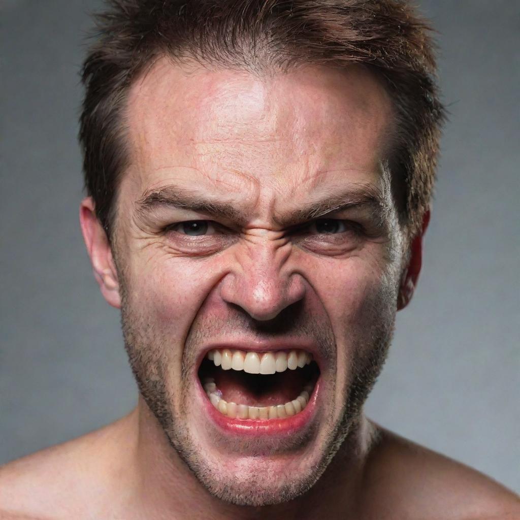 A man displaying a powerful expression of anger, his face red, brows furrowed, and teeth gritted.