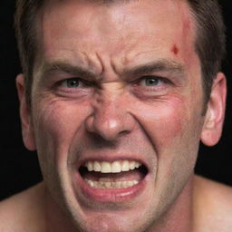 A man displaying a powerful expression of anger, his face red, brows furrowed, and teeth gritted.