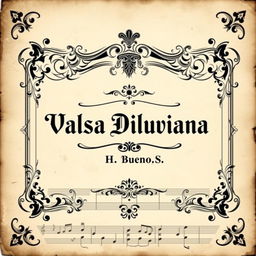 A vintage black and white sheet music cover design specifically for a piano and vocal arrangement, featuring the title 'Valsa Diluviana' prominently displayed in a stylish, ornate font at the center