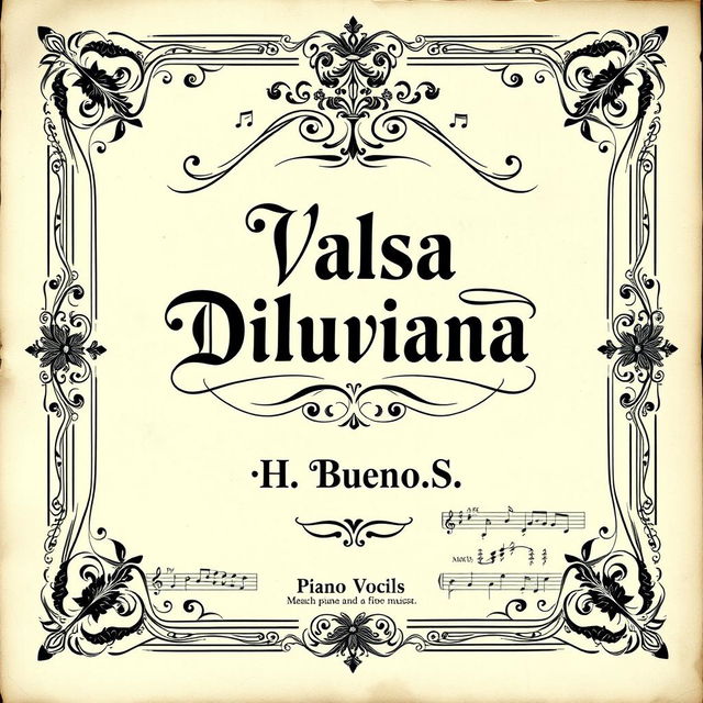 A vintage black and white sheet music cover design specifically for a piano and vocal arrangement, featuring the title 'Valsa Diluviana' prominently displayed in a stylish, ornate font at the center