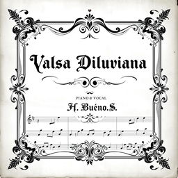 A vintage black and white sheet music cover design specifically for a piano and vocal arrangement, featuring the title 'Valsa Diluviana' prominently displayed in a stylish, ornate font at the center