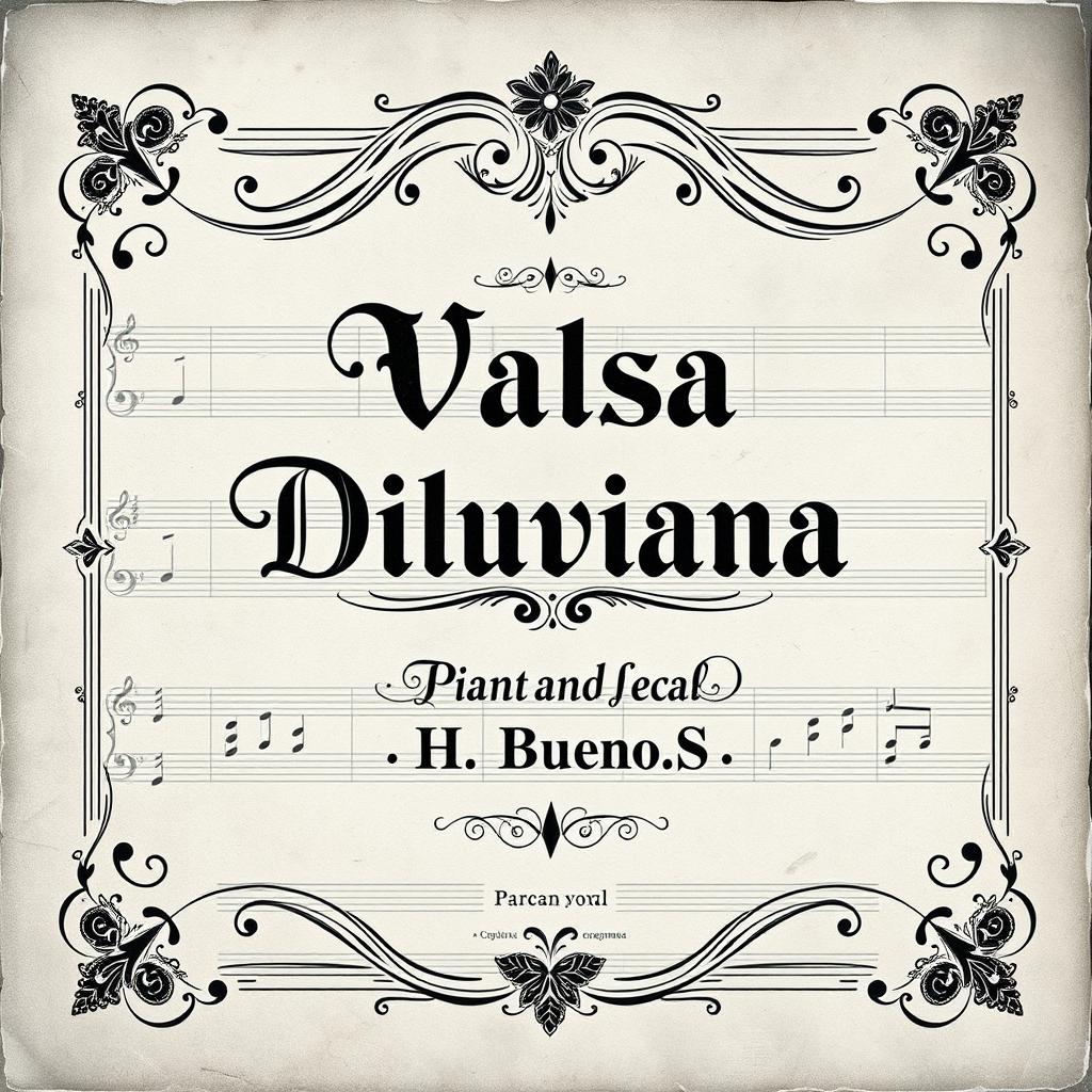 A vintage black and white sheet music cover design specifically for a piano and vocal arrangement, featuring the title 'Valsa Diluviana' prominently displayed in a stylish, ornate font at the center