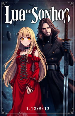 A captivating light novel cover titled 'Lua dos Sonhos', featuring an anime-style badass vampire girl with long blonde hair, wearing a striking red Lolita dress