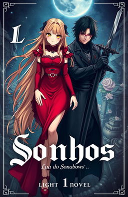 A captivating light novel cover titled 'Lua dos Sonhos', featuring an anime-style badass vampire girl with long blonde hair, wearing a striking red Lolita dress