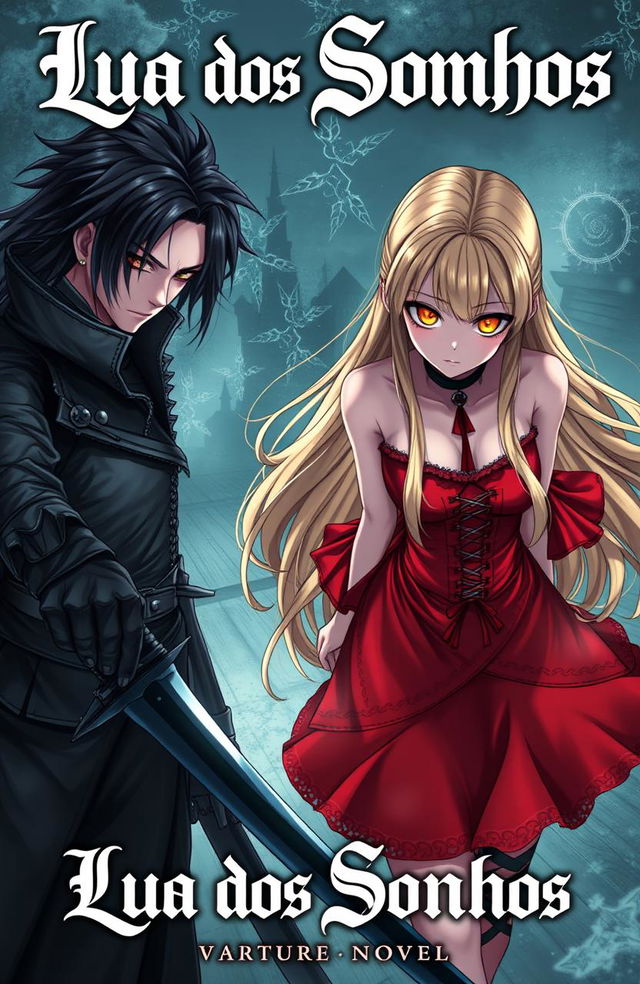 A captivating light novel cover titled 'Lua dos Sonhos', featuring an anime-style badass vampire girl with long blonde hair, wearing a striking red Lolita dress