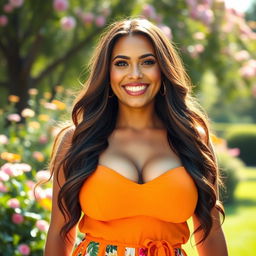 A cheerful and confident woman with large breasts, beaming with a bright smile