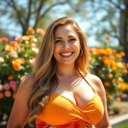 A cheerful and confident woman with large breasts, beaming with a bright smile