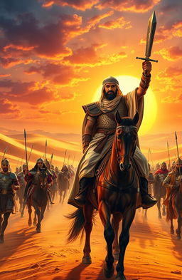 A historical scene depicting Khalid bin Walid, the legendary Muslim military commander, leading his army in a magnificent desert landscape