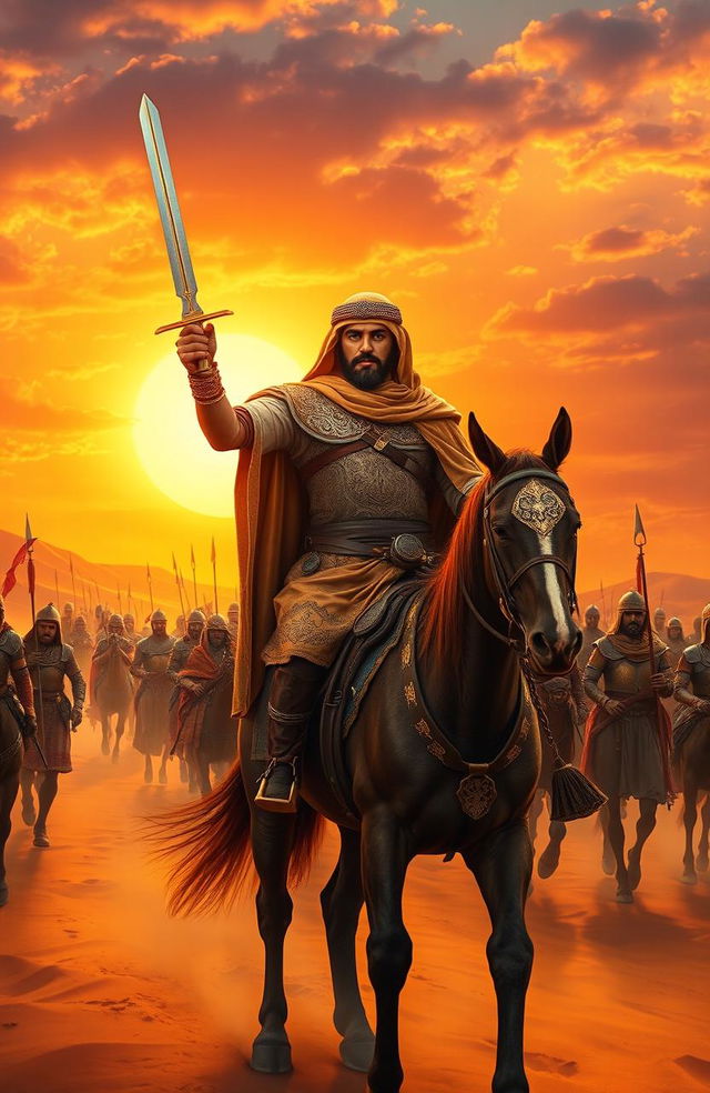 A historical scene depicting Khalid bin Walid, the legendary Muslim military commander, leading his army in a magnificent desert landscape