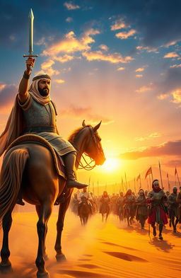 A historical scene depicting Khalid bin Walid, the legendary Muslim military commander, leading his army in a magnificent desert landscape