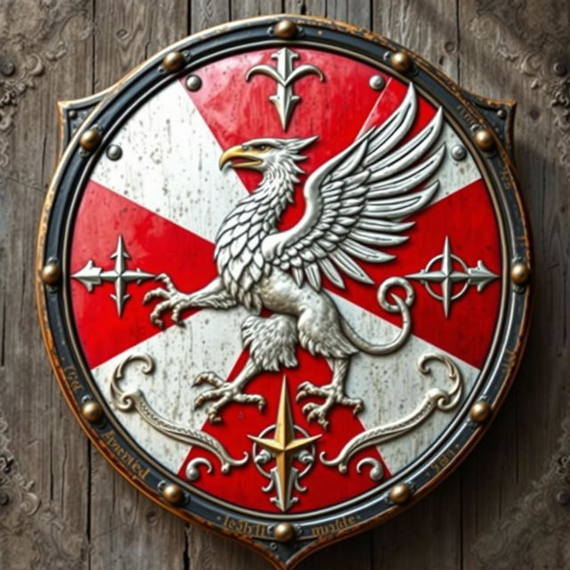 A striking medieval shield designed for a powerful empire, highlighting its strengths in conquest and navigation