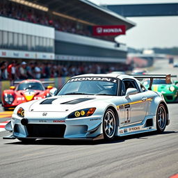 A striking Honda S2000 GT1 in a brilliant white finish, capturing the essence of Le Mans racing