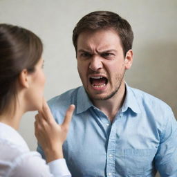 A man expressing anger towards a girl without any signs of aggression or harm. They are immersed in a heated conversation with the man raising his voice.