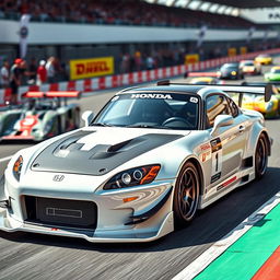 A striking Honda S2000 GT1 in a brilliant white finish, capturing the essence of Le Mans racing