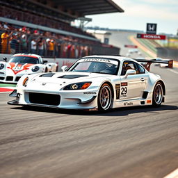 A striking Honda S2000 GT1 in a brilliant white finish, capturing the essence of Le Mans racing
