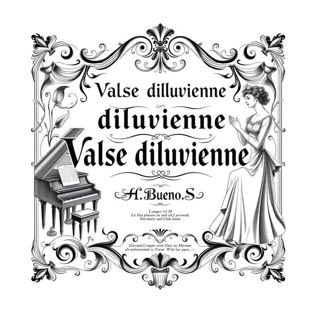 An incredibly vintage black and white sheet music cover design for a piano and vocal arrangement, featuring the title 'Valse diluvienne' prominently displayed in an ornate, stylized font at the center