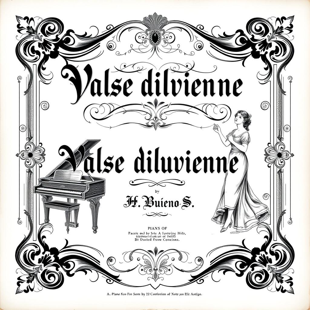 An incredibly vintage black and white sheet music cover design for a piano and vocal arrangement, featuring the title 'Valse diluvienne' prominently displayed in an ornate, stylized font at the center