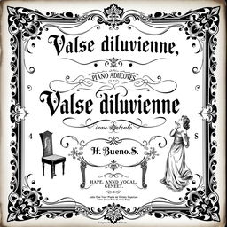 An incredibly vintage black and white sheet music cover design for a piano and vocal arrangement, featuring the title 'Valse diluvienne' prominently displayed in an ornate, stylized font at the center