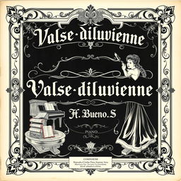 An incredibly vintage black and white sheet music cover design for a piano and vocal arrangement, featuring the title 'Valse diluvienne' prominently displayed in an ornate, stylized font at the center