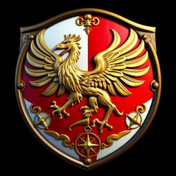 A majestic medieval shield representing a powerful empire, showcasing its strengths in conquest and navigation
