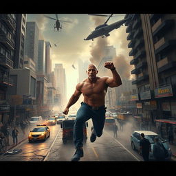 A gripping trailer scene depicting a massive earthquake striking a bustling city with Dwayne Johnson leading a rescue operation