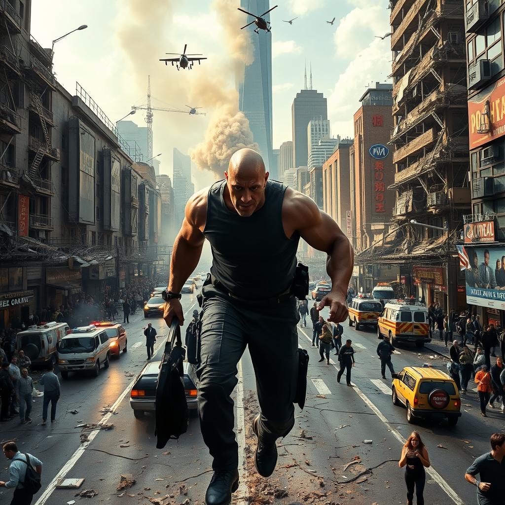 A gripping trailer scene depicting a massive earthquake striking a bustling city with Dwayne Johnson leading a rescue operation