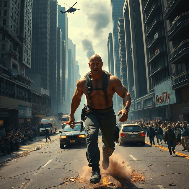 A gripping trailer scene depicting a massive earthquake striking a bustling city with Dwayne Johnson leading a rescue operation