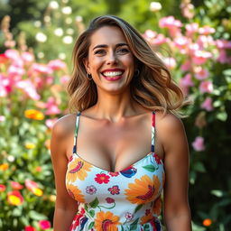 A joyful woman with noticeably large breasts, radiating happiness with a big smile
