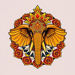 Un emblema que representa un reino indio, centrado en una cabeza de elefante adornada con intrincados detalles y ricos adornos