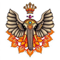 Un emblema que representa un reino indio, centrado en una cabeza de elefante adornada con intrincados detalles y ricos adornos