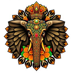 Un emblema que representa un reino indio, centrado en una cabeza de elefante adornada con intrincados detalles y ricos adornos