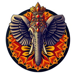 Un emblema que representa un reino indio, centrado en una cabeza de elefante adornada con intrincados detalles y ricos adornos