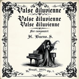An intricately designed black and white sheet music cover that embodies an old, vintage aesthetic for a piano and vocal composition