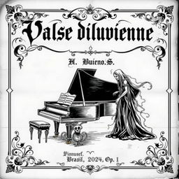 An intricately designed black and white sheet music cover that embodies an old, vintage aesthetic for a piano and vocal composition