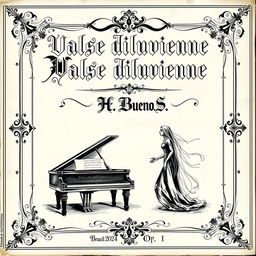 An intricately designed black and white sheet music cover that embodies an old, vintage aesthetic for a piano and vocal composition