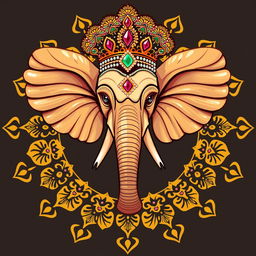 Un emblema que representa un reino indio, centrado en una cabeza de elefante adornada con lujosos detalles ornamentales