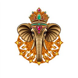 Un emblema que representa un reino indio, centrado en una cabeza de elefante adornada con lujosos detalles ornamentales