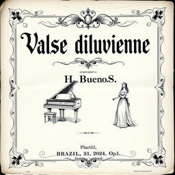 A vintage black and white sheet music cover for a piano and vocal composition, featuring the title 'Valse diluvienne' prominently at the top in a large, slightly strange and ornate font that has an eerie yet captivating quality