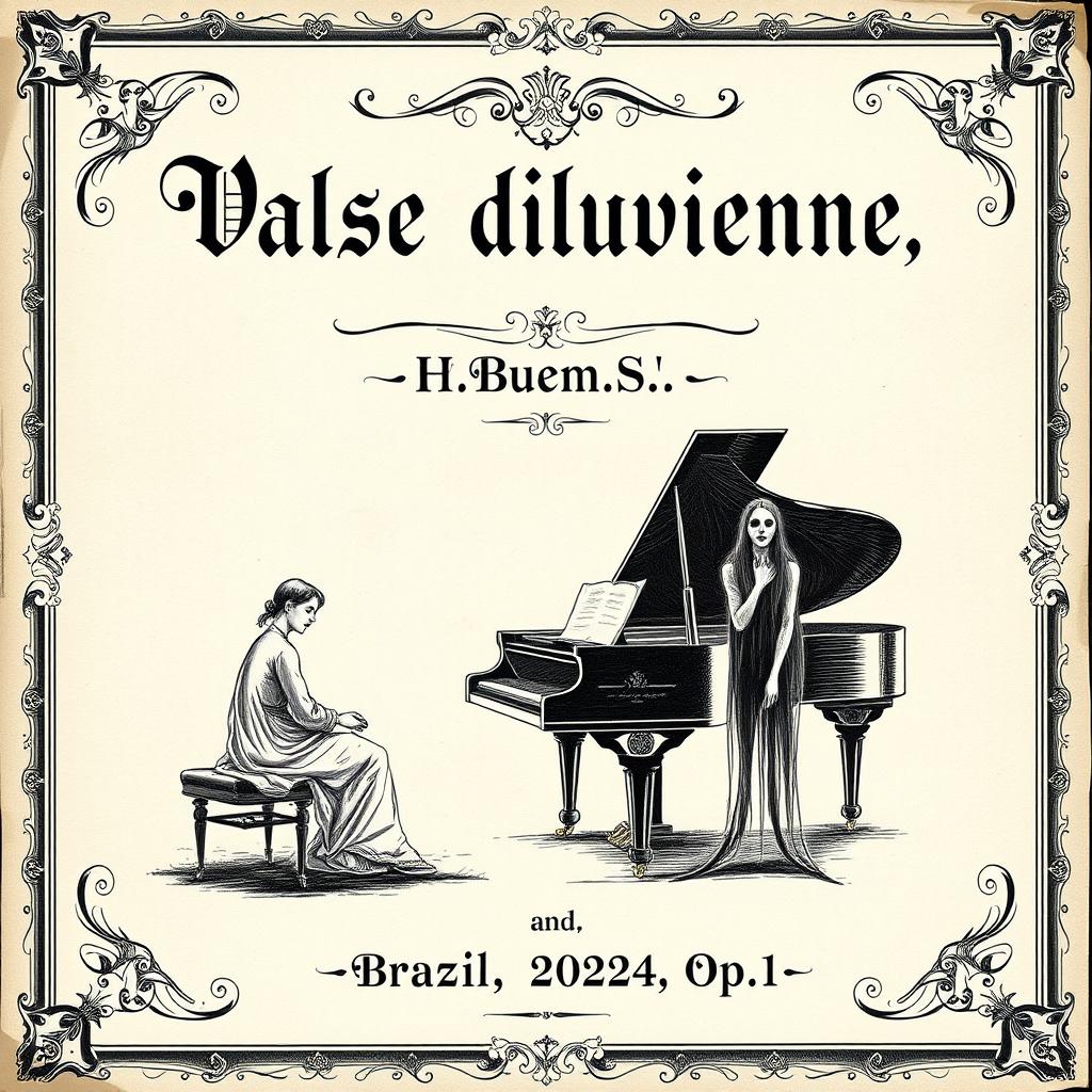 A vintage black and white sheet music cover for a piano and vocal composition, featuring the title 'Valse diluvienne' prominently at the top in a large, slightly strange and ornate font that has an eerie yet captivating quality