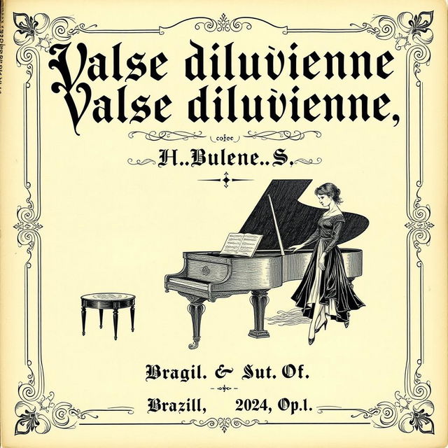 A vintage black and white sheet music cover for a piano and vocal composition, featuring the title 'Valse diluvienne' prominently at the top in a large, slightly strange and ornate font that has an eerie yet captivating quality