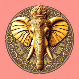 Un emblema que representa un reino indio, centrado en una cabeza de elefante magníficamente adornada con detalles de oro brillante