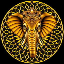 Un emblema que representa un reino indio, centrado en una cabeza de elefante magníficamente adornada con detalles de oro brillante